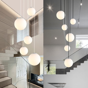 现代复式 楼梯灯不规则长吊灯公寓吊灯奶油风简约旋转客厅灯大圆球