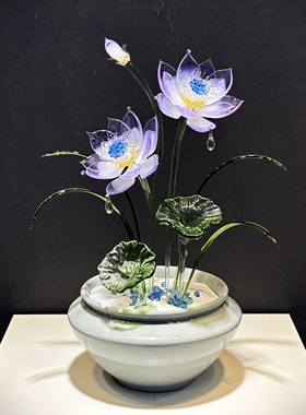 琉璃荷花摆件永生花佛龛佛堂供奉非遗灯工琉璃玄关电视柜家居摆件