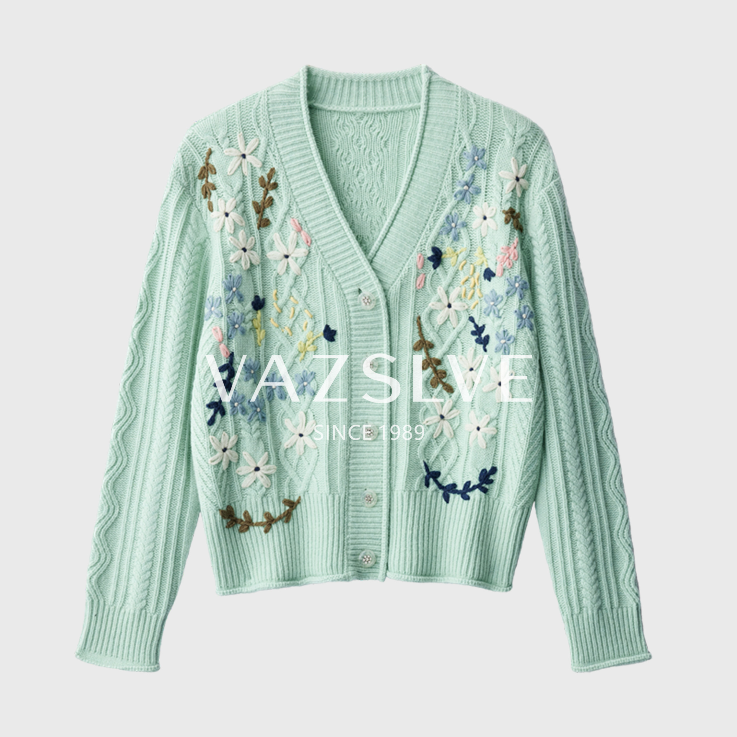 【羊绒+羊毛】超重工古着风定染刺绣麻花豆毛衣加厚宝石排扣外套