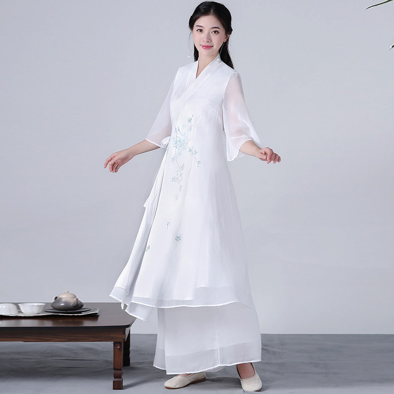 茶服禅服女禅意白色仙气连衣裙