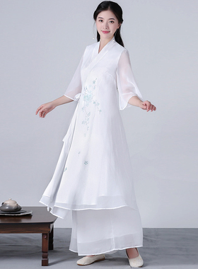 民族中国风古风女装新中式改良汉服茶服禅服女禅意白色仙气连衣裙