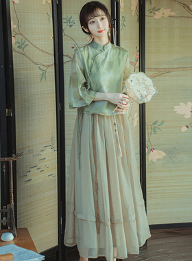 新中式国风复古套装清冷禅意女装仙气茶服女小个子改良旗袍两件套