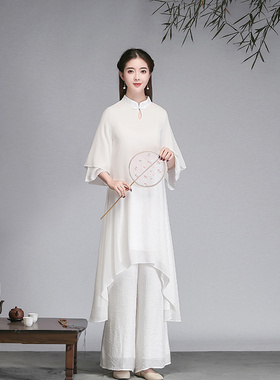 中国风禅意女装茶服禅修复古中式改良日常雪纺连衣裙禅舞服两件套
