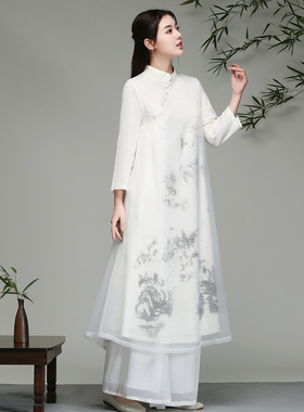 中国风复古水墨画禅意文艺禅服女仙气夏季茶服采耳中式古筝演出服