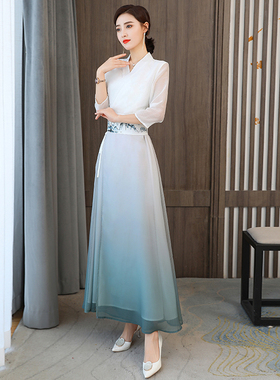 汉服改良中国风文艺复古装长旗袍裙禅意茶女束腰仙女连衣裙春夏款