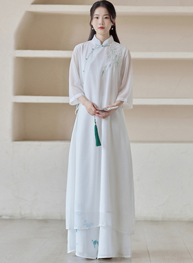 禅服女春秋改良旗袍中国风文艺复古雪纺年轻款茶服连衣裙采耳套装
