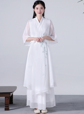 新中式禅意裙子中国风女装改良汉服古风仙气连衣裙茶服禅服女白色