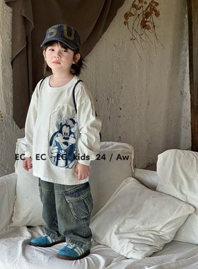 尔菲梵EC潮牌男秋天季款小童装纯棉圆领卡通落肩长袖t恤衫上衣