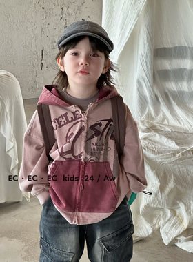 尔菲梵EC潮牌男秋天季款小童装纯棉长袖拉链拼接连帽开衫卫衣外套