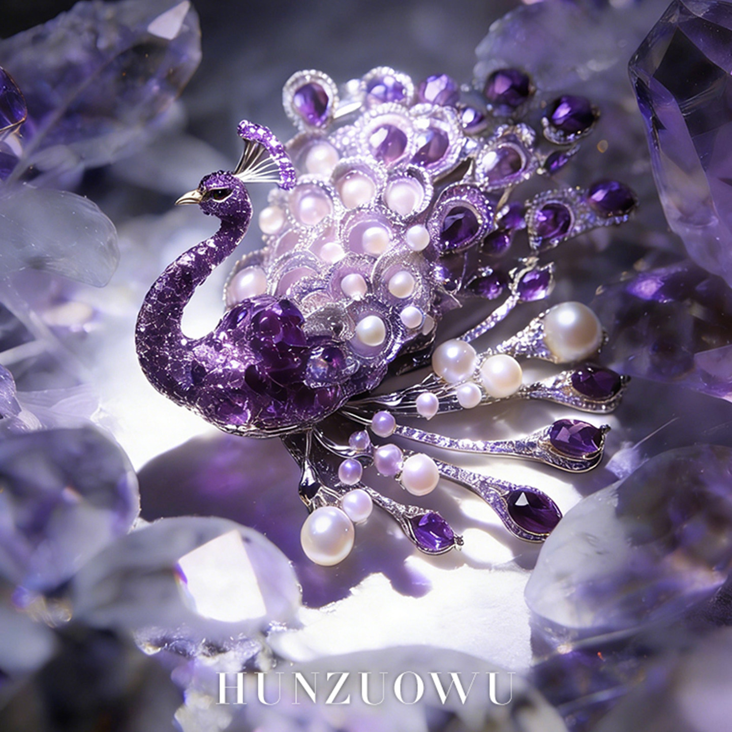 原创紫孔雀胸针高定重工天然淡水珍珠高档配饰奢华宫廷风胸花礼物