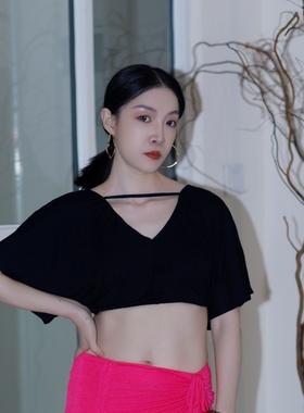 纪小白原创肚皮舞轻奢舞蹈服短上衣莱赛尔蝴蝶显瘦T练功服日常新