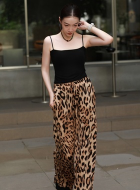 纪小白薄款耐磨宽松豹纹印花阔腿裤休闲裤显瘦高腰常规舞蹈时尚新