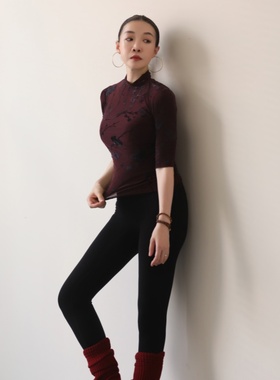 纪小白五分袖烧花修身打底T恤打底衫女长袖半高领舞蹈瑜伽运动