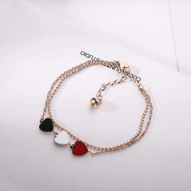 双层黑白红三色爱心钛钢手链