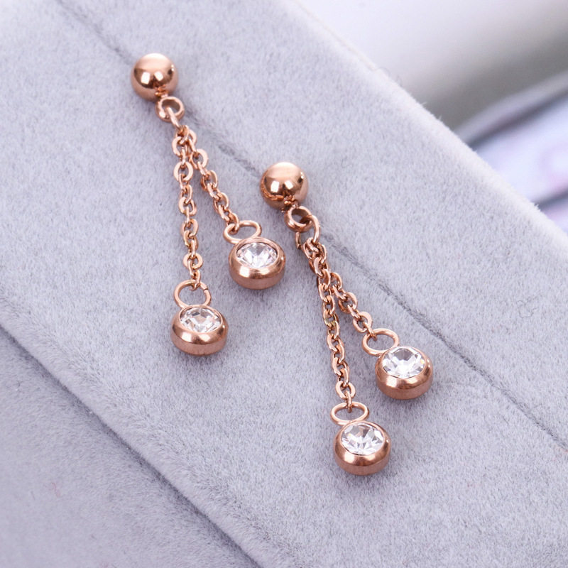 简约钢珠吊两钻钛钢耳钉 女款冷淡风流苏防过敏玫瑰金耳环耳坠