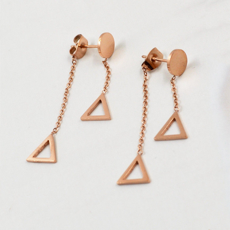 新款双吊三角形钛钢玫瑰金耳钉 流苏女款彩金防过敏耳环 镀金耳坠