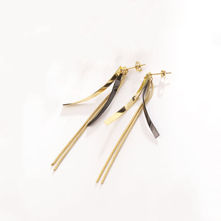 单钻石托双弯片流苏玫瑰金耳钉 女式金色钛钢耳坠 欧美风银色耳环