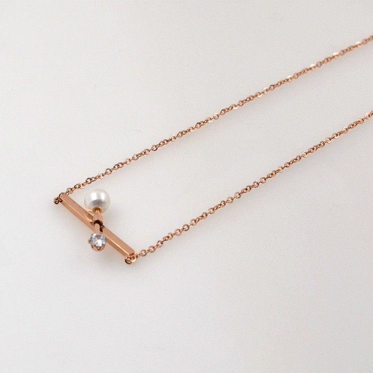 横条珍珠钛钢玫瑰金项链 不掉色女生创意冷淡风彩金锁骨链首饰品