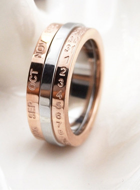 可转动银白色字母钛钢玫瑰金戒指