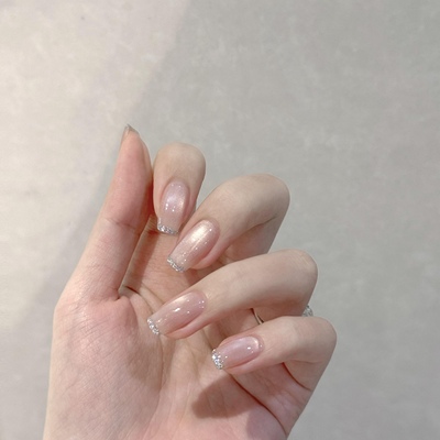 2025新款手工穿戴甲短款美甲显白冰透裸色猫眼玻璃珠细闪法式婚甲