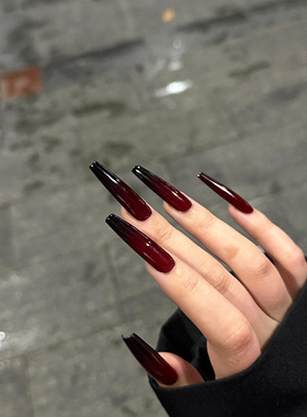 暗夜玫瑰欧美甲长款纯手工ins酷暗黑血浆高级感黑红渐变穿戴甲