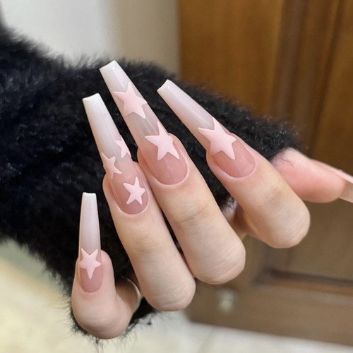 【裸粉星】裸色手绘粉五角星纯手工穿戴甲小香风长款显白穿戴美甲