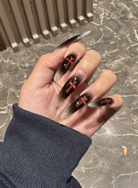 2025新款手工穿戴甲中长款红色十字架美甲黑色渐变暗黑辣妹风欧美