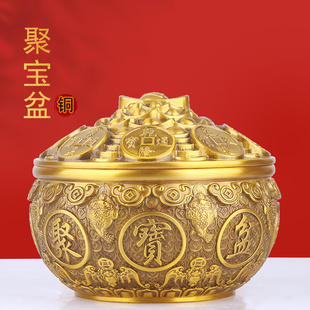 纯黄铜聚宝盆如意金蟾摆件带盖存钱罐客厅店铺装饰品开业送礼米缸