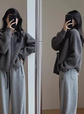 毛衣女复古港味新款chic韩版翻领拉链针织开衫慵懒风宽松秋季外套
