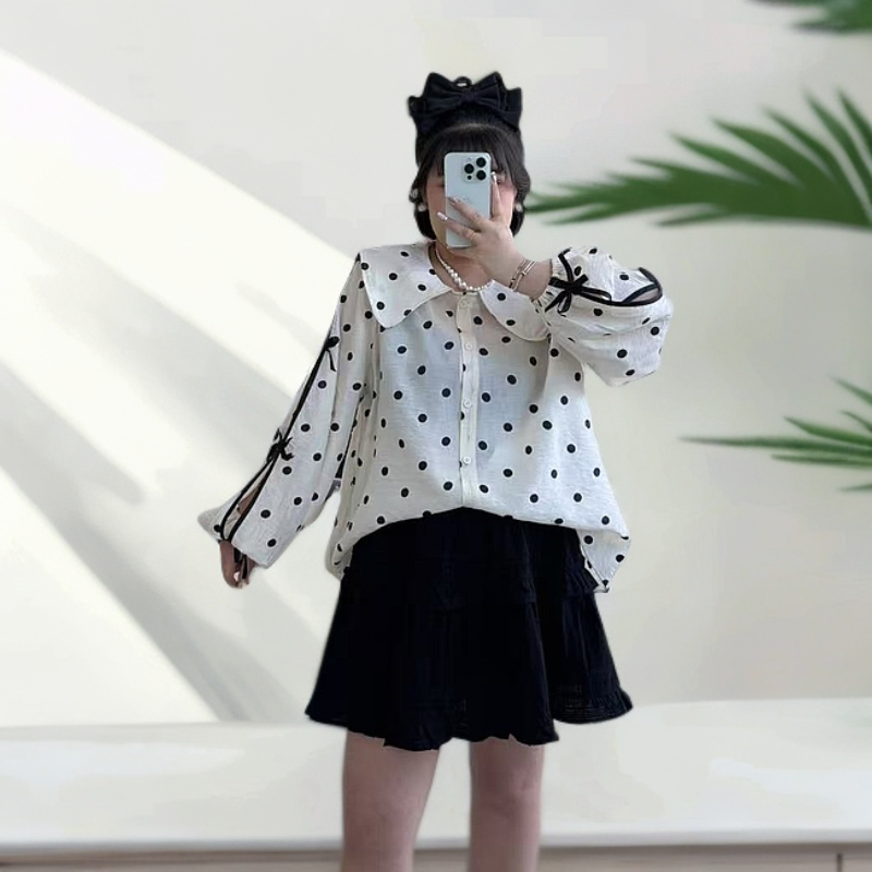 大码女装娃娃领波点长袖衬衫胖妹妹240斤显瘦t恤女款2025新款爆款