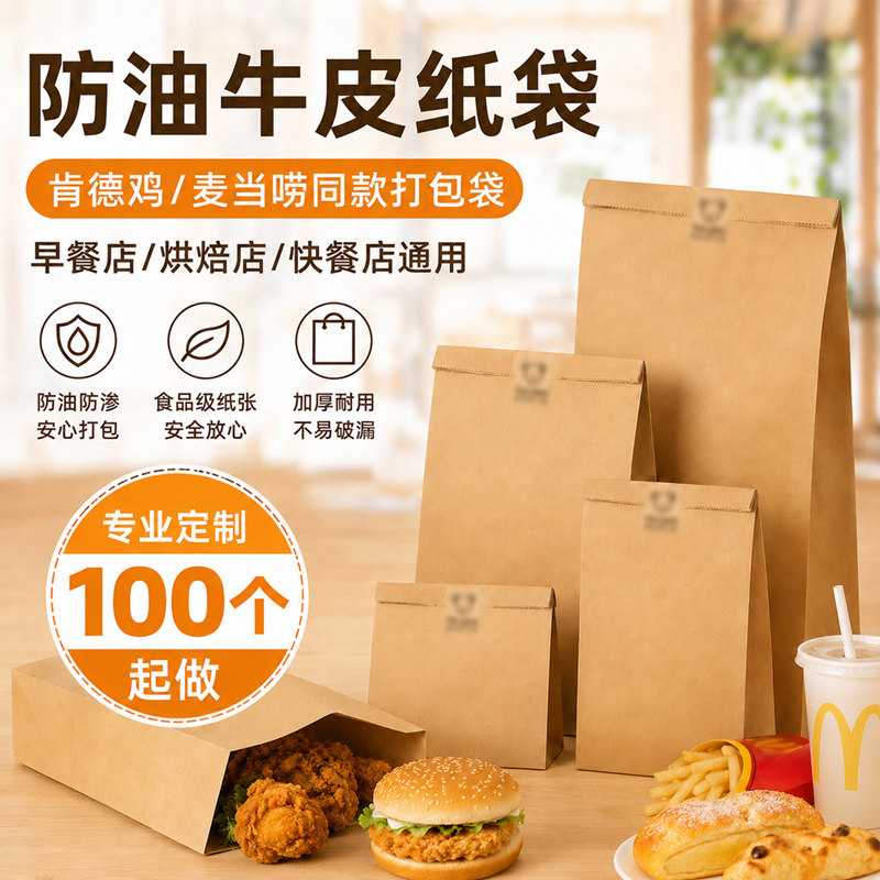 防油牛皮纸袋食品袋冰箱收纳面包早餐打包袋子外卖烘培包装袋定制