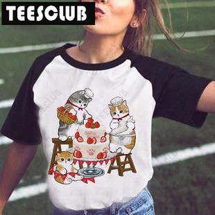 Shirt Cute Cat 可爱卡通猫咪印花插肩休闲男女情侣t恤学生上衣