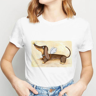 2020夏季 T恤上衣打底衫 可爱卡通动物腊肠犬印花男女情侣短袖 新款