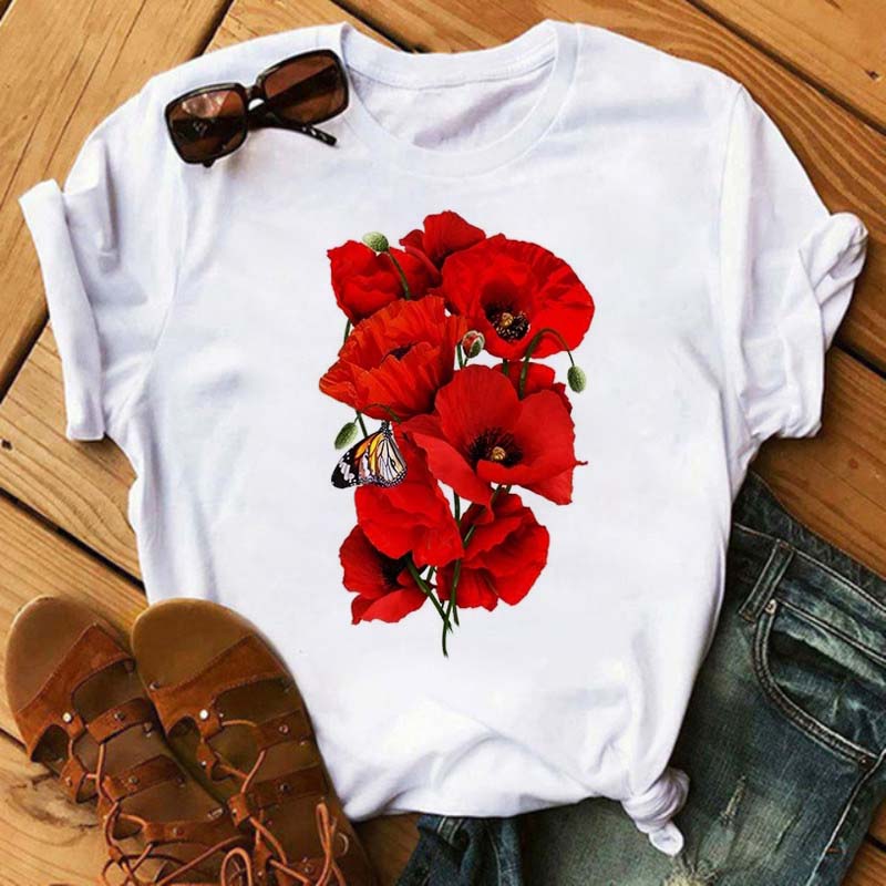 Red Poppy Floral T Shirt优雅红色花朵印花女士短袖圆领t恤上衣