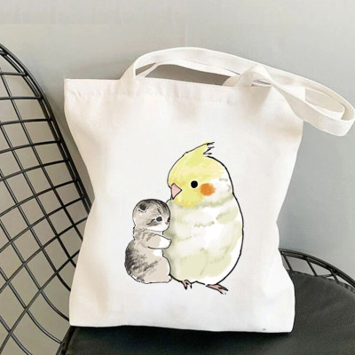 Parrot  Canvas Tote bag 卡通鹦鹉猫咪印花学生手提单肩帆布包袋