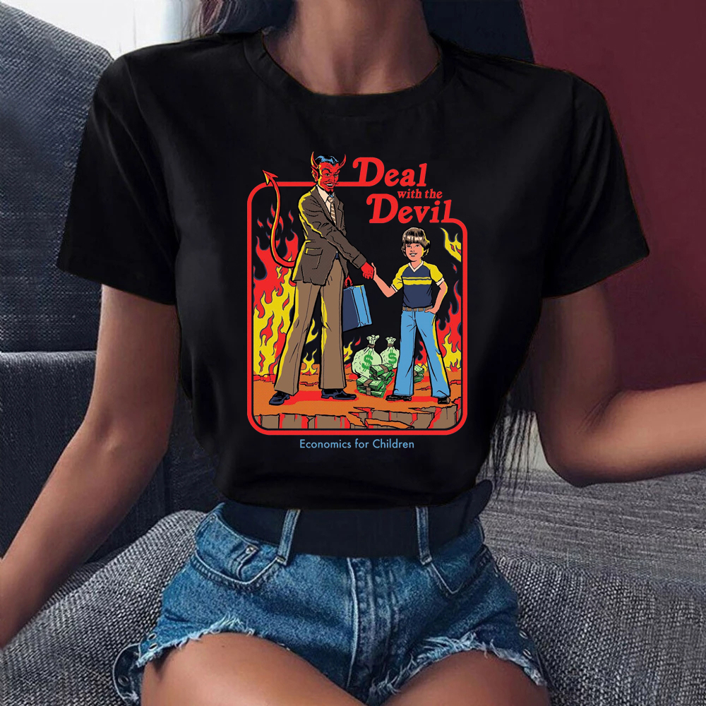 Deal With the Devil T Shirt个性与恶魔交易印花欧美风短袖T恤女