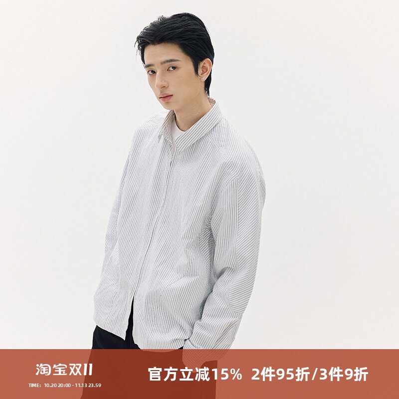 SOMENUM 森林「极简百搭」牛津纺宽松百搭男女拉链条纹秋夹克衬衫
