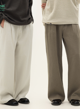 SOMENUM森林 25AW亚麻莱赛尔亲肤老钱开袋多褶休闲男直筒宽松长裤