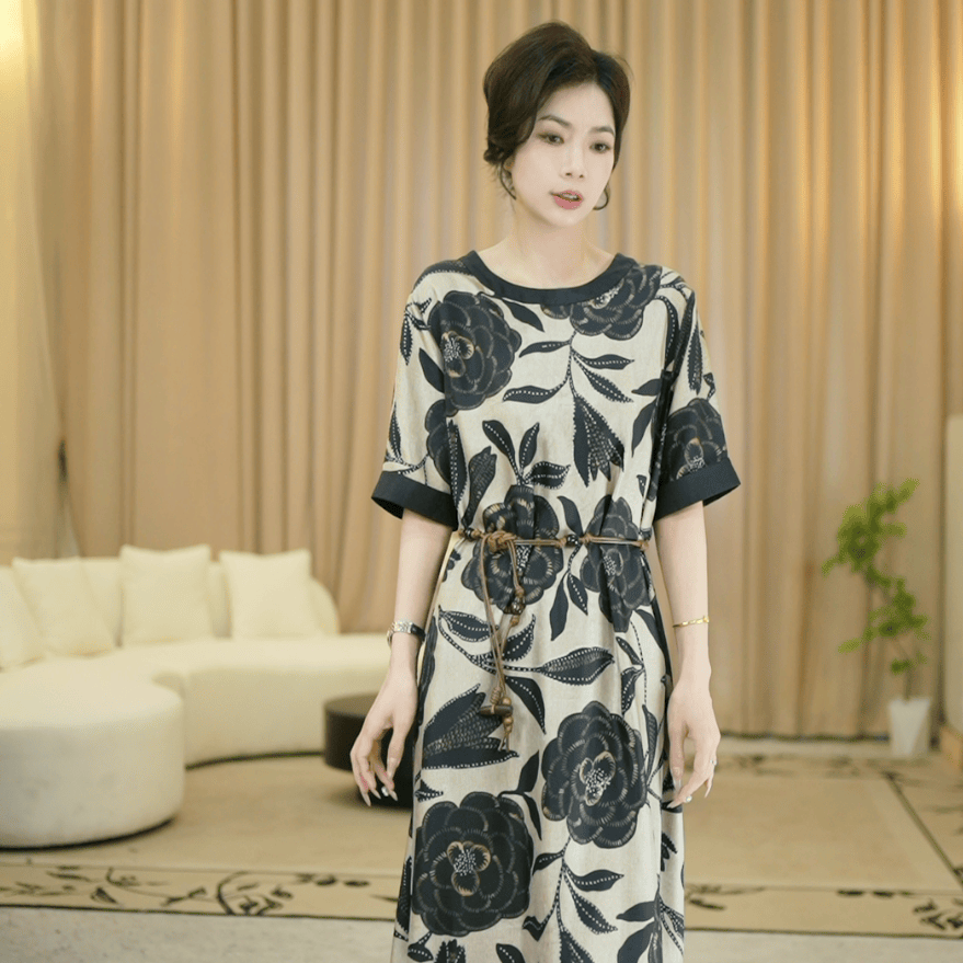 宝儿姐LEMONDISIN新款大方精致优雅知性长款时尚印花连衣裙女 - 实物图