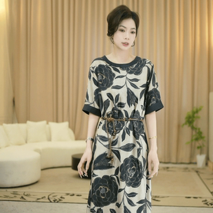 宝儿姐LEMONDISIN新款大方精致优雅知性长款时尚印花连衣裙女