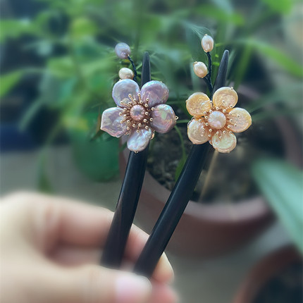 天然巴洛克珍珠黑檀木发簪 日常盘发簪子古风汉服配饰