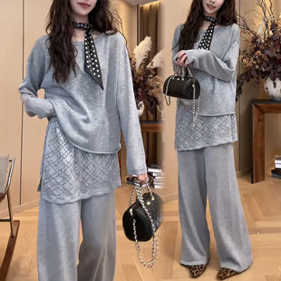 2026早春新款洋气长袖上衣屁帘阔腿裤两件套时尚设计感休闲套装潮