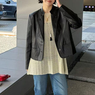 上衣时尚 洋气宽松显瘦长袖 高级感百搭纽扣皮衣外套潮 新款 2026春季