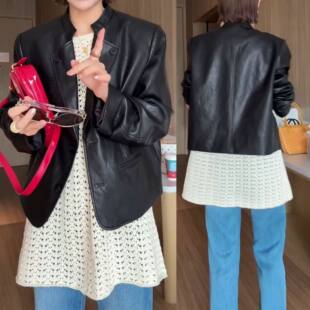 外套女 洋气设计感纯色圆领上衣休闲百搭显瘦皮衣个性 2026春季 新款