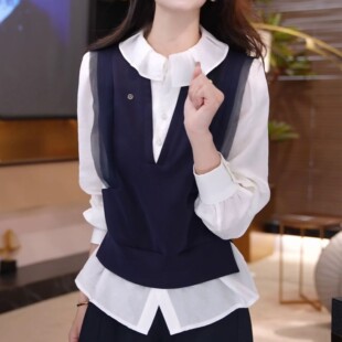 洋气设计感花边领口长袖上衣2026春季新款气质显瘦假两件文艺衬衫