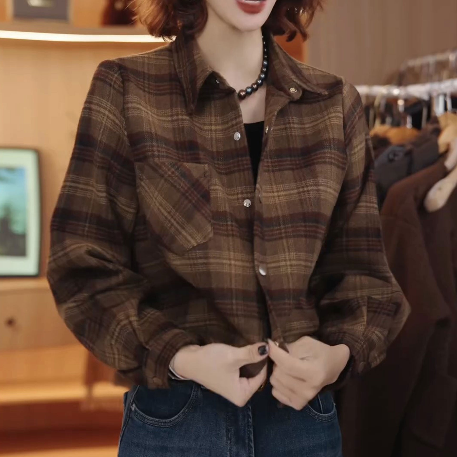 翻领条纹拼接时尚宽松衬衫秋冬新品洋气百搭遮肉单排扣设计上衣女