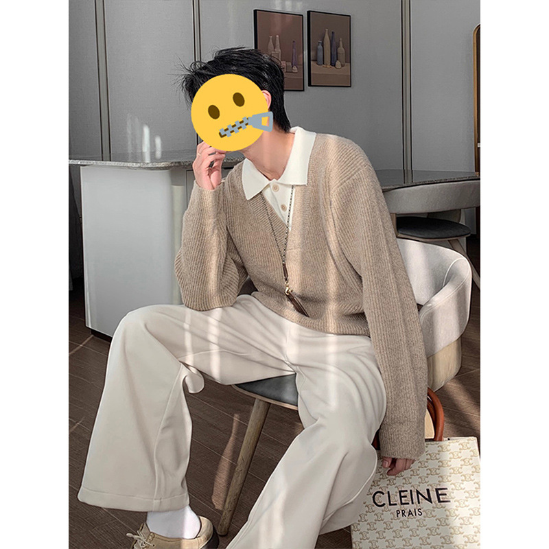 咖色美式假两件针织毛衣男款秋冬cleanfit内搭打底衫慵懒风毛线衣