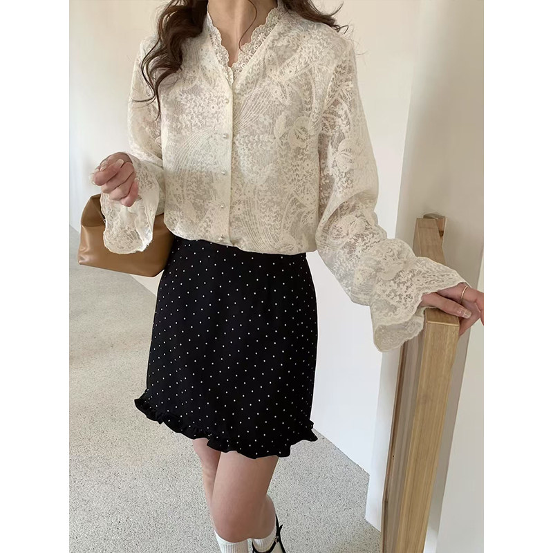 法式甜美钩花蕾丝画风村衣女2025春秋新款时尚别致洋气设计感上衣