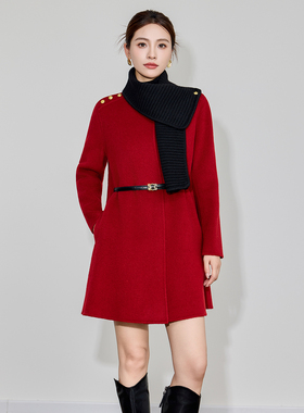 红色双面羊绒大衣女2025秋冬新款高级感韩系赫本风小个子毛呢外套