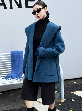 蓝色连帽双面羊绒大衣女中长款25秋冬新款韩版小个子宽松毛呢外套